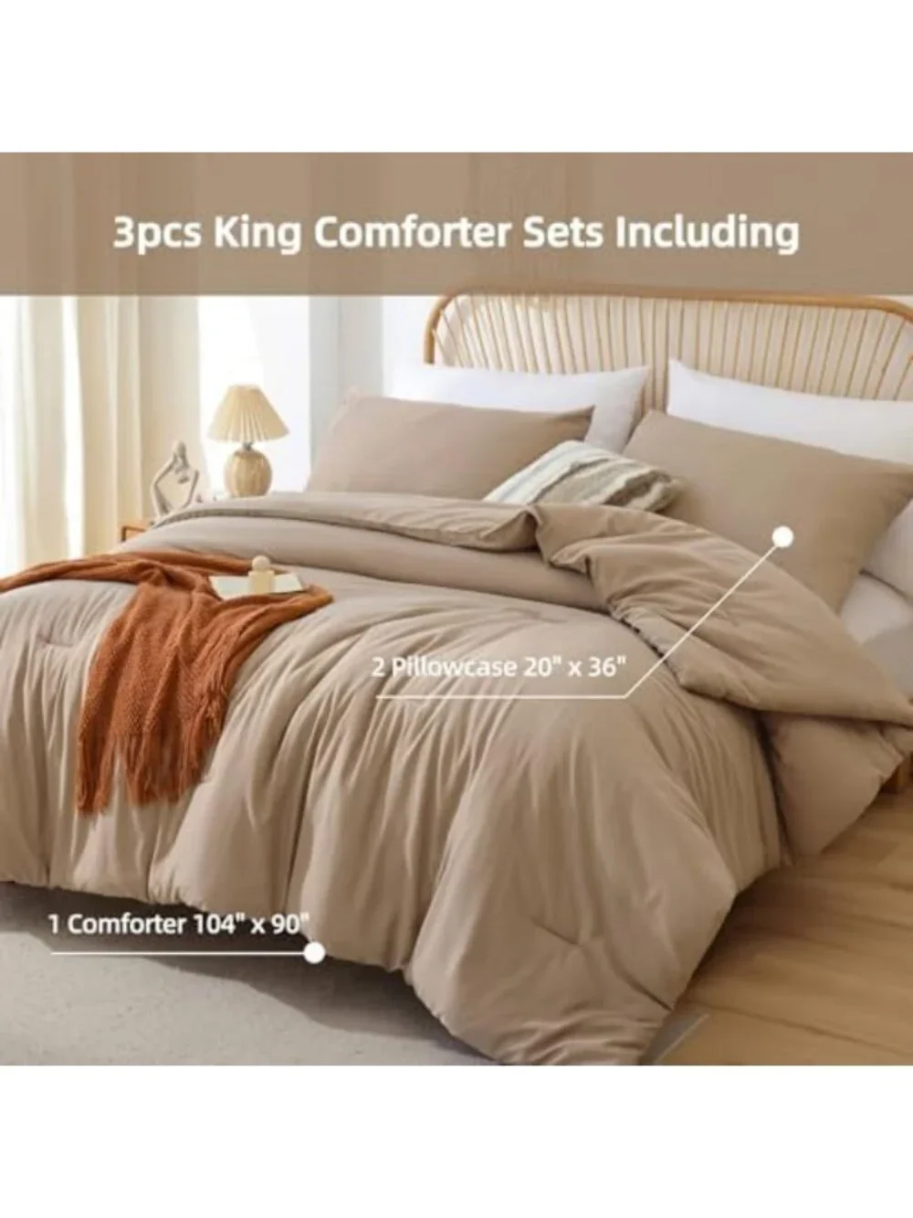King Size Taupe Brown Comforter Set - 3pc Boho Tan Bedding, Lightweight